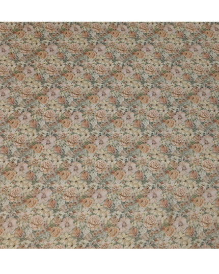 Soft Beige Viscose Digital Printed Fabric with Metallic Finish and Floral Pattern, 110 cm Width-D21334