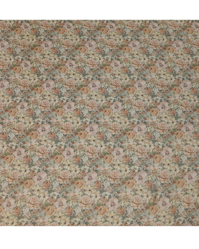 Soft Beige Viscose Digital Printed Fabric with Metallic Finish and Floral Pattern, 110 cm Width-D21334