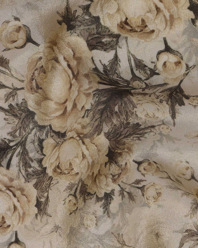 Cream Viscose Digital Printed Fabric with Metallic Finish and Floral Pattern, 110 cm Width-D21337