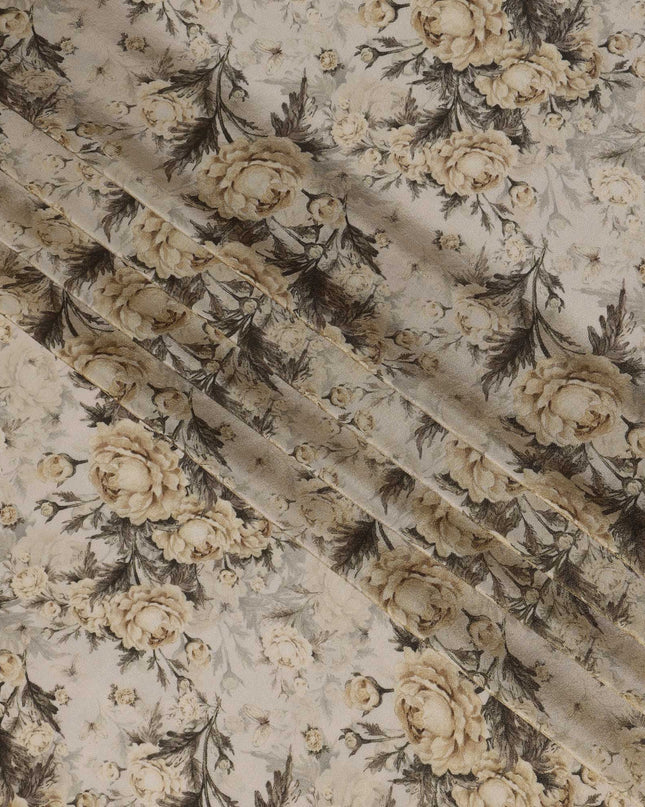 Cream Viscose Digital Printed Fabric with Metallic Finish and Floral Pattern, 110 cm Width-D21337