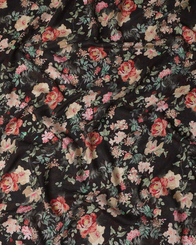 Black Viscose Cotton Digital Printed Fabric with Floral Design, 110 cm Width-D21338