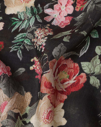 Black Viscose Cotton Digital Printed Fabric with Floral Design, 110 cm Width-D21338