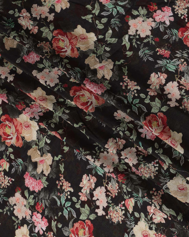 Black Viscose Cotton Digital Printed Fabric with Floral Design, 110 cm Width-D21338