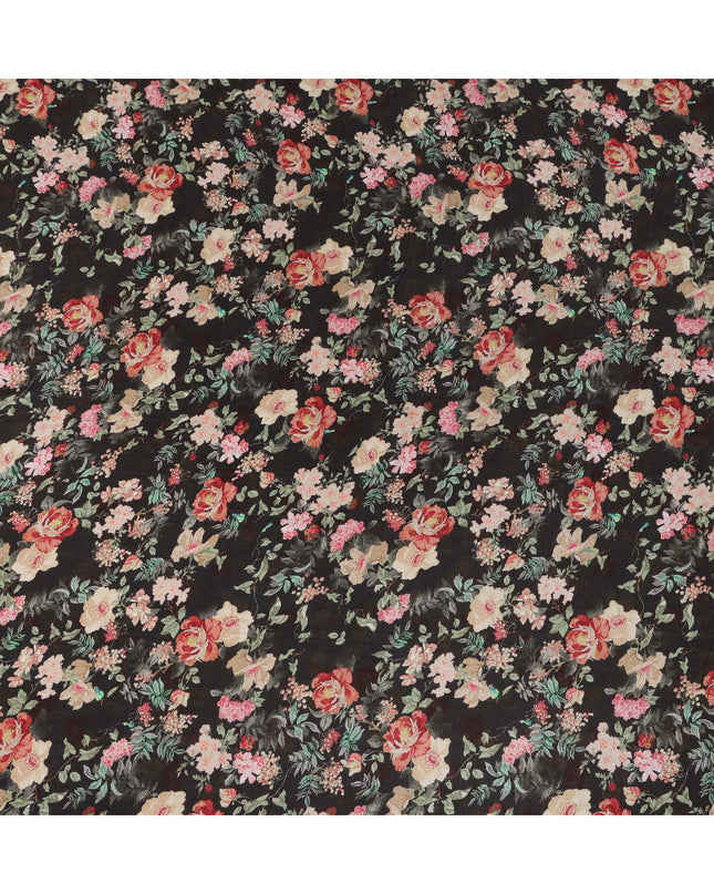 Black Viscose Cotton Digital Printed Fabric with Floral Design, 110 cm Width-D21338