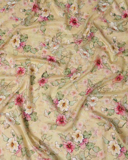 Yellow Viscose Cotton Digital Printed Fabric with Floral Design, 110 cm Width-D21340