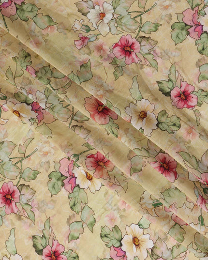 Yellow Viscose Cotton Digital Printed Fabric with Floral Design, 110 cm Width-D21340