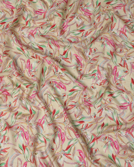 Beige Viscose Cotton Digital Printed Fabric with Abstract Leaf Design, 110 cm Width-D21341