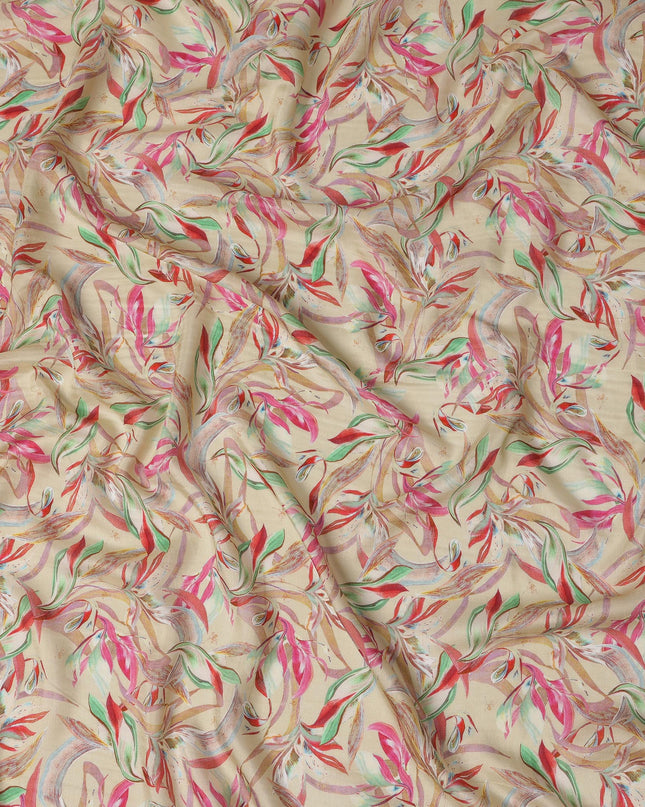 Beige Viscose Cotton Digital Printed Fabric with Abstract Leaf Design, 110 cm Width-D21341