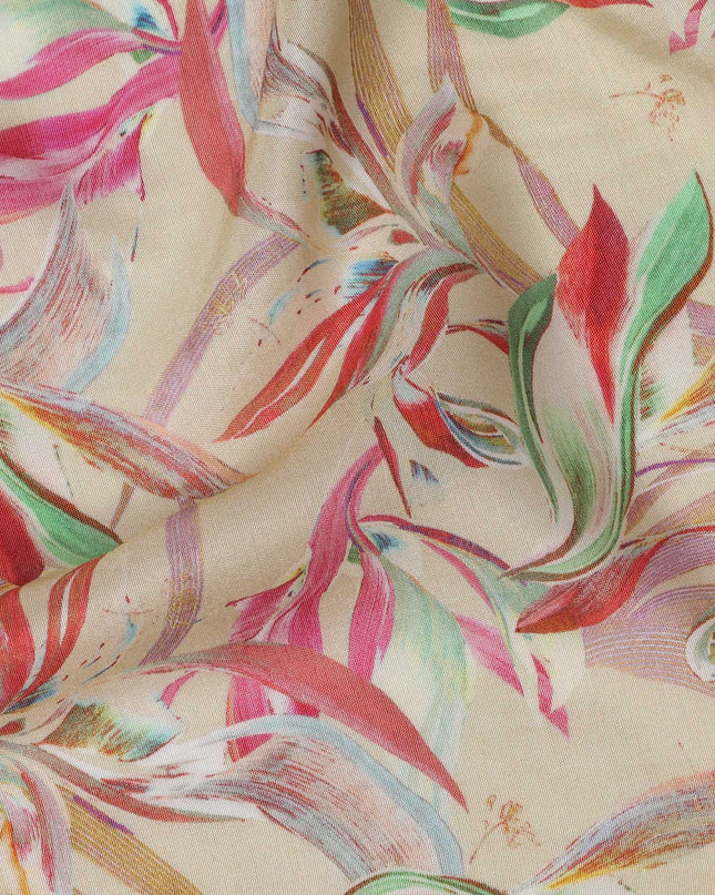 Beige Viscose Cotton Digital Printed Fabric with Abstract Leaf Design, 110 cm Width-D21341