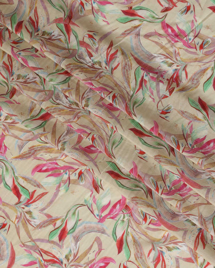 Beige Viscose Cotton Digital Printed Fabric with Abstract Leaf Design, 110 cm Width-D21341