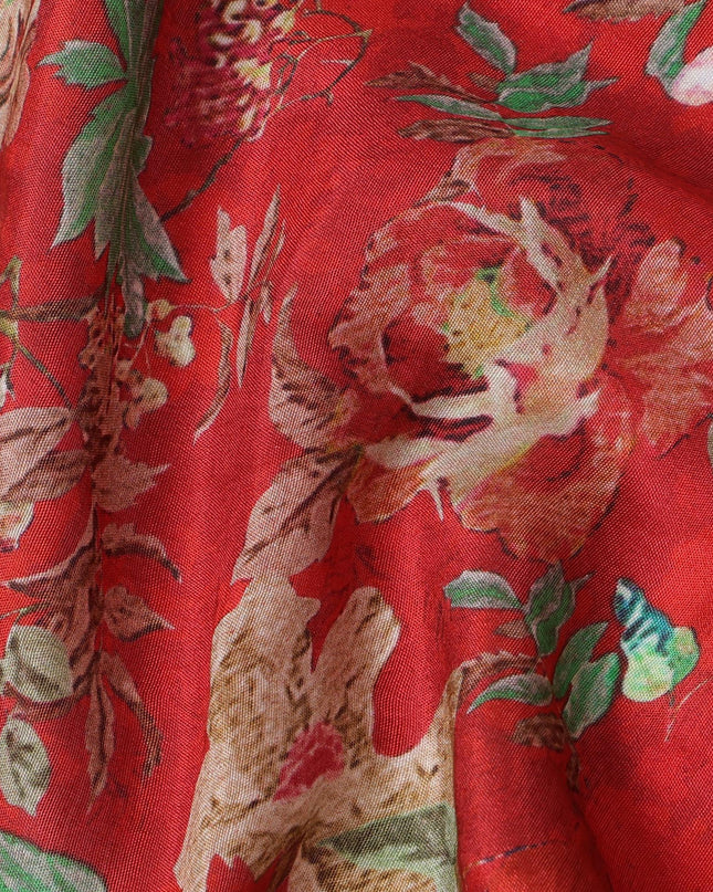 Red Viscose Cotton Digital Printed Fabric with Floral Design, 110 cm Width-D21342