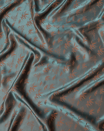 Teal Jacquard Pure Silk Satin Fabric with Floral Bamboo Design – 110 cm Width-D21396