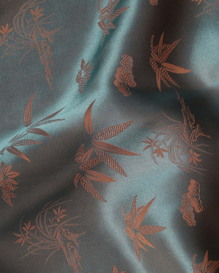 Teal Jacquard Pure Silk Satin Fabric with Floral Bamboo Design – 110 cm Width-D21396