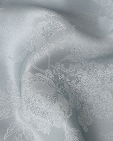 Silver Grey Jacquard Pure Silk Satin Fabric with Floral Design – 110 cm Width-D21397