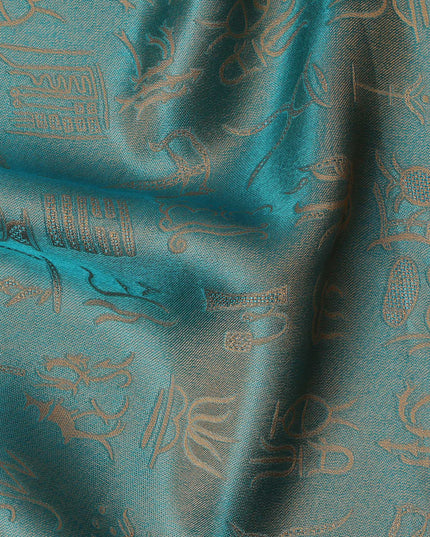 Turquoise Jacquard Pure Silk Satin Fabric with Abstract Motif Design – 110 cm Width-D21399