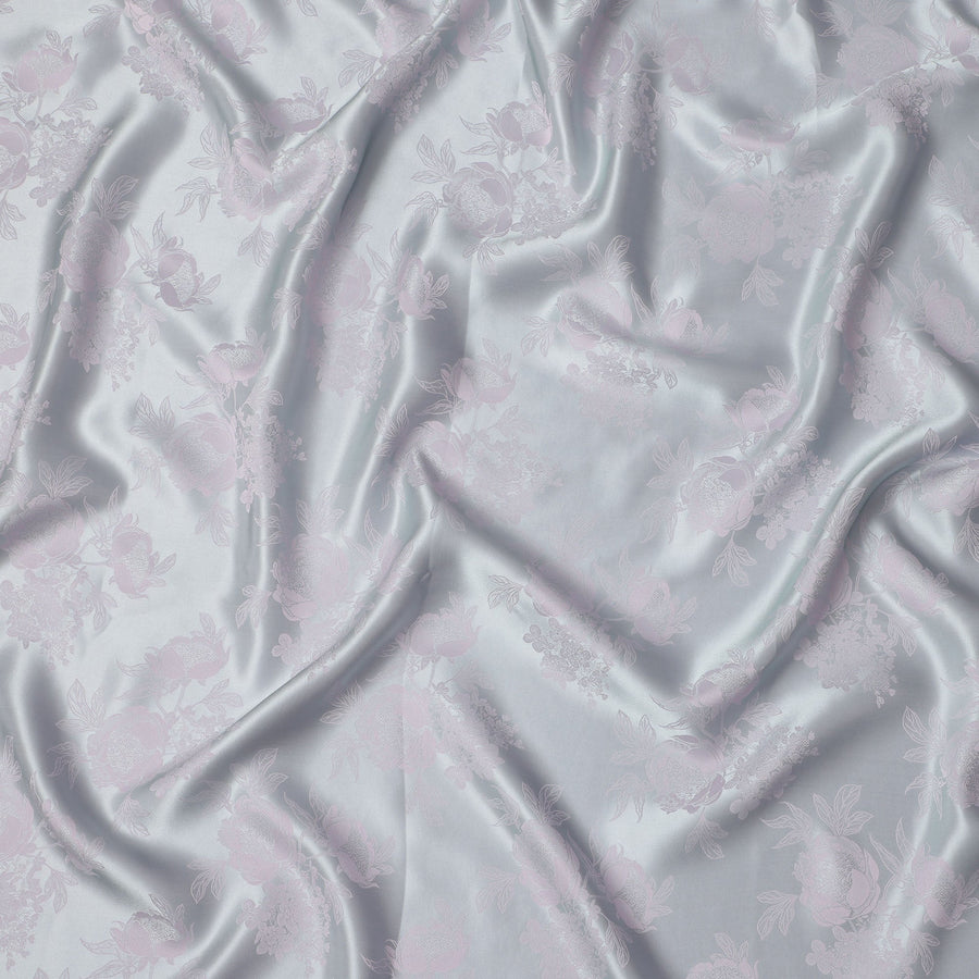 Silver Grey Jacquard Pure Silk Satin Fabric with Floral Design – 110 cm Width-D21402 Regal Fabrics