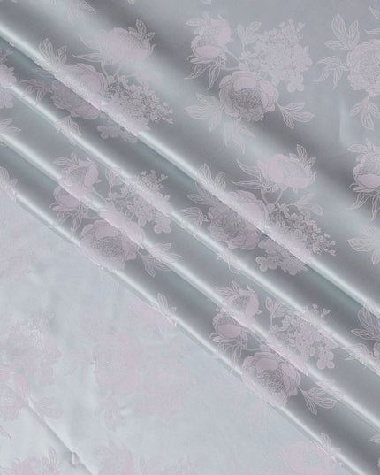 Silver Grey Jacquard Pure Silk Satin Fabric with Floral Design – 110 cm Width-D21402