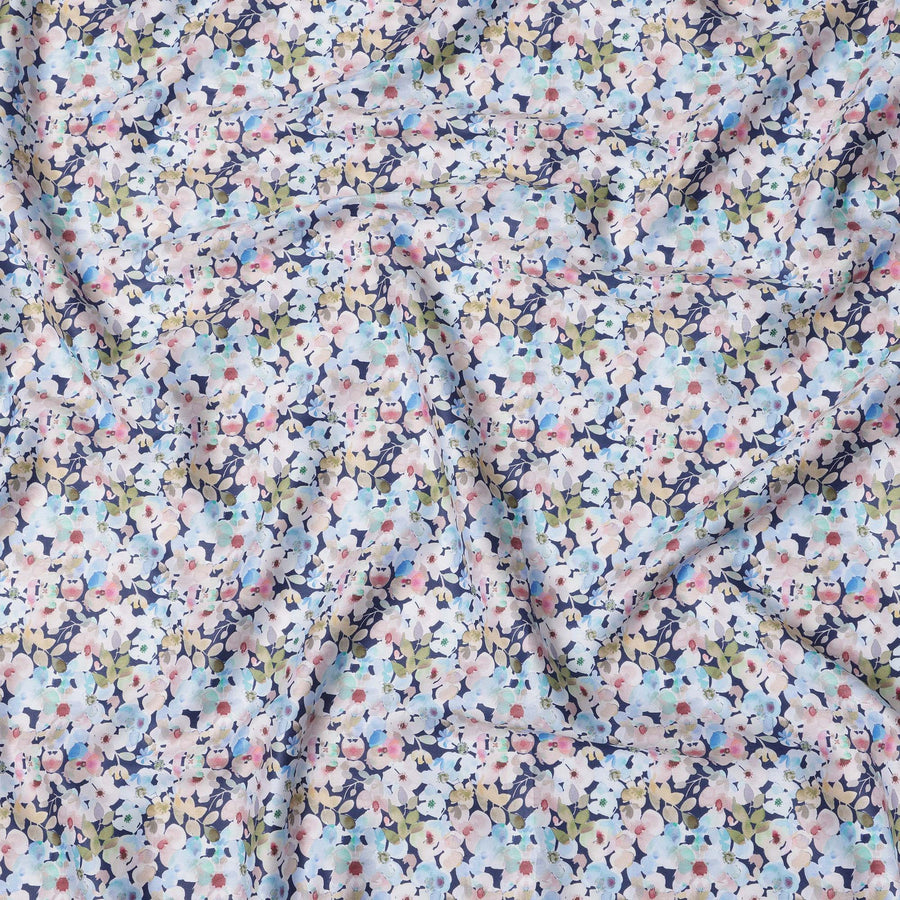Navy Blue Pastel Floral Cotton Lawn Fabric with Printed Design – 110 cm Width-D21409