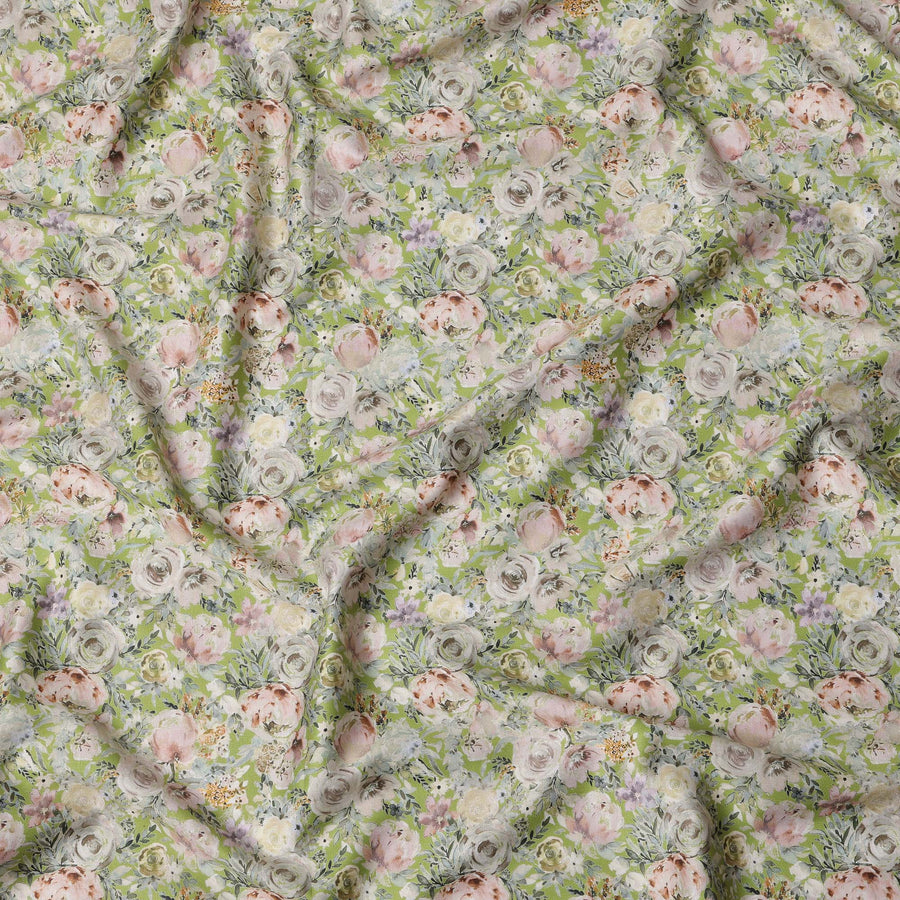 Green Floral Cotton Lawn Fabric with Printed Rose Design – 110 cm Width-D21410 Regal Fabrics
