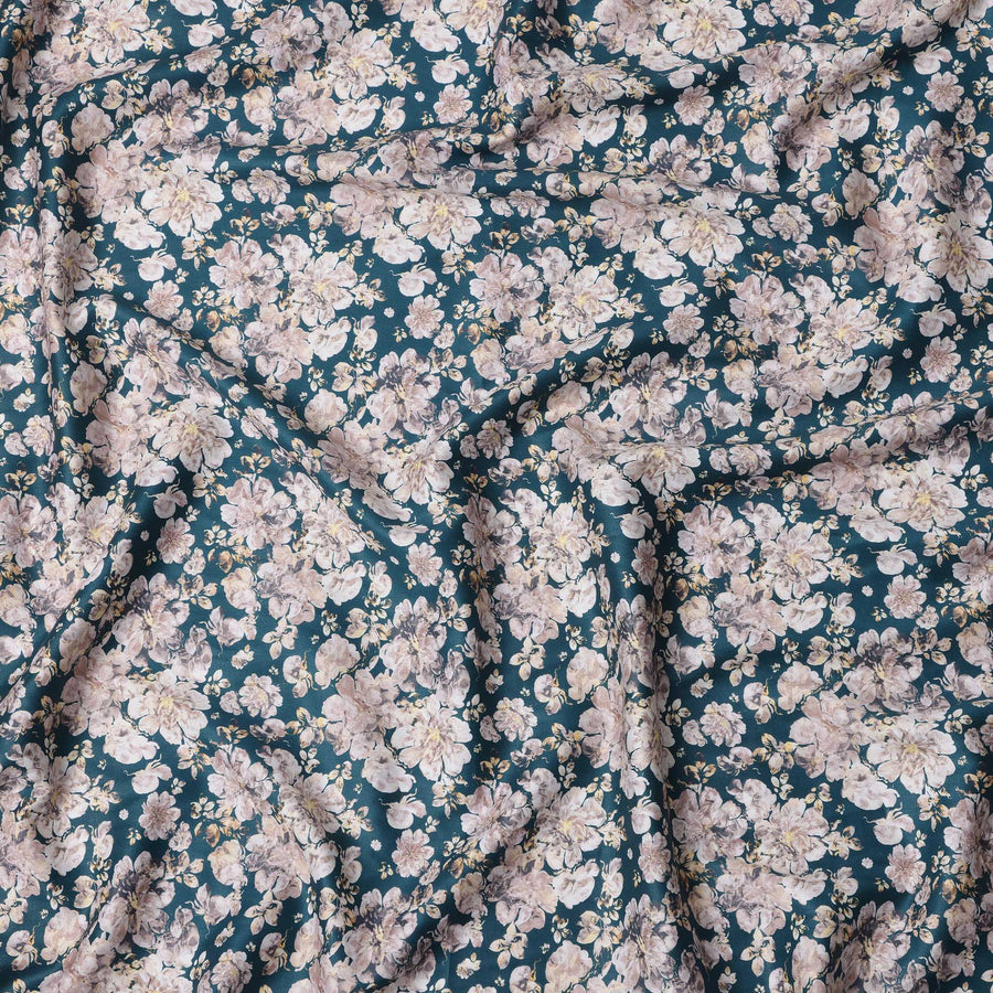 Dark Green Floral Cotton Lawn Fabric with Beige and Cream Blossoms – 110 cm Width-D21411