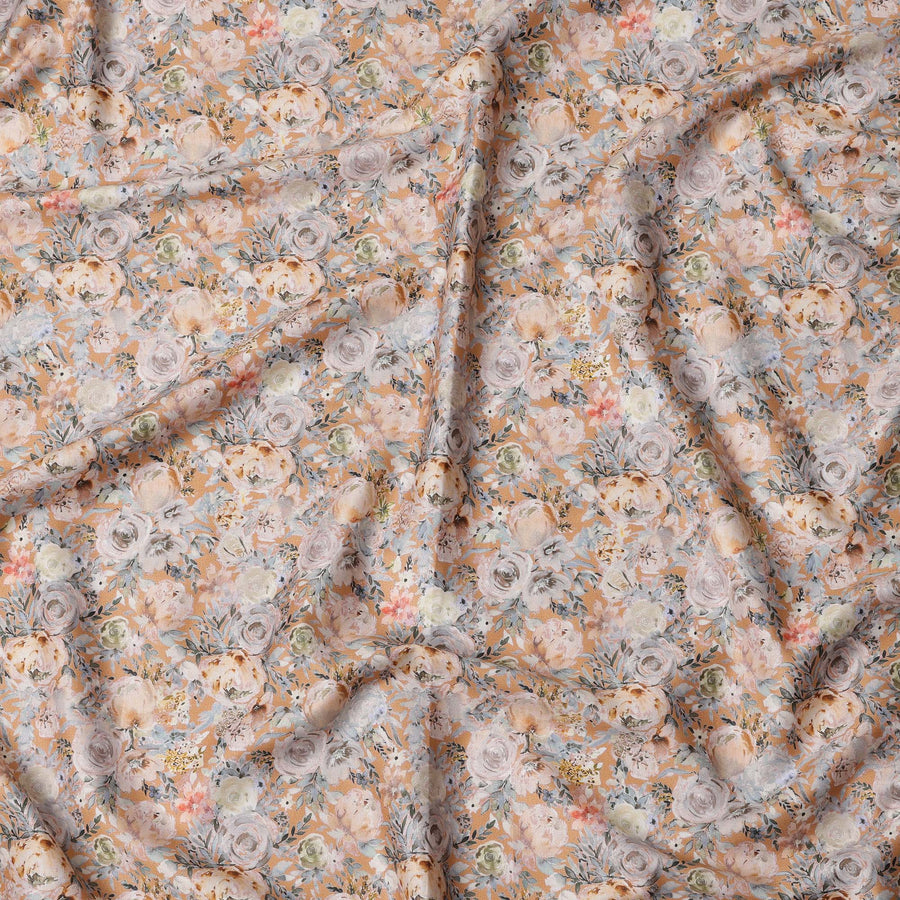 Peach Floral Cotton Lawn Fabric with Pastel Rose Design – 110 cm Width-D21412
