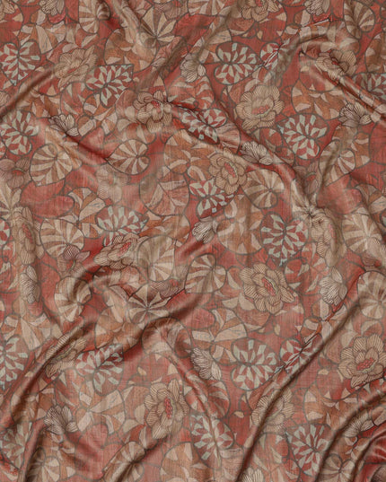 Rust Brown Floral and Leaf Print Viscose Tussar Fabric with Beige and Olive Accents, 110 Cms Width, Made in India-D24337