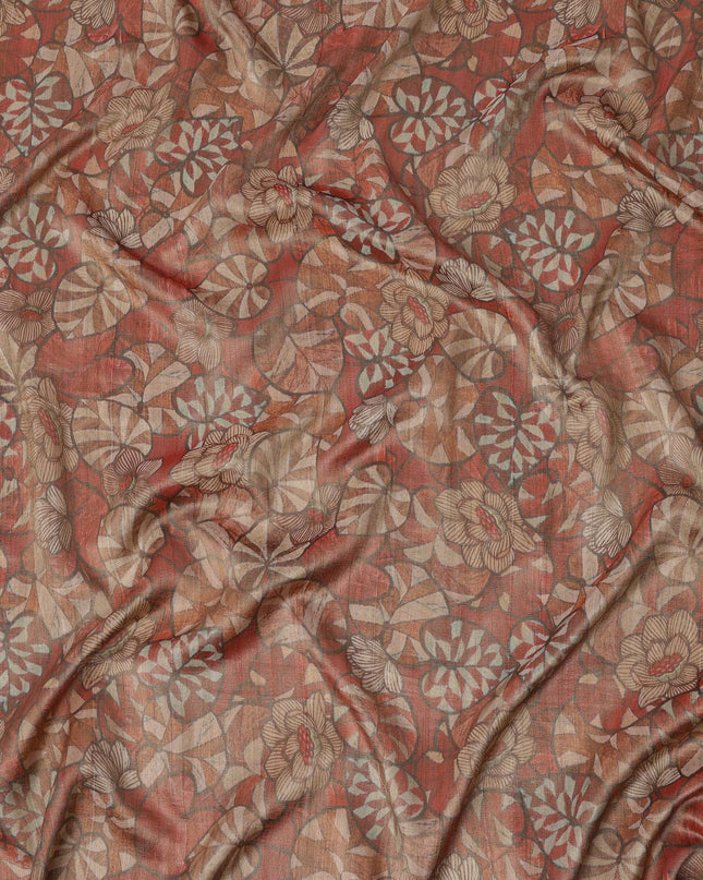 Rust Brown Floral and Leaf Print Viscose Tussar Fabric with Beige and Olive Accents, 110 Cms Width, Made in India-D24337