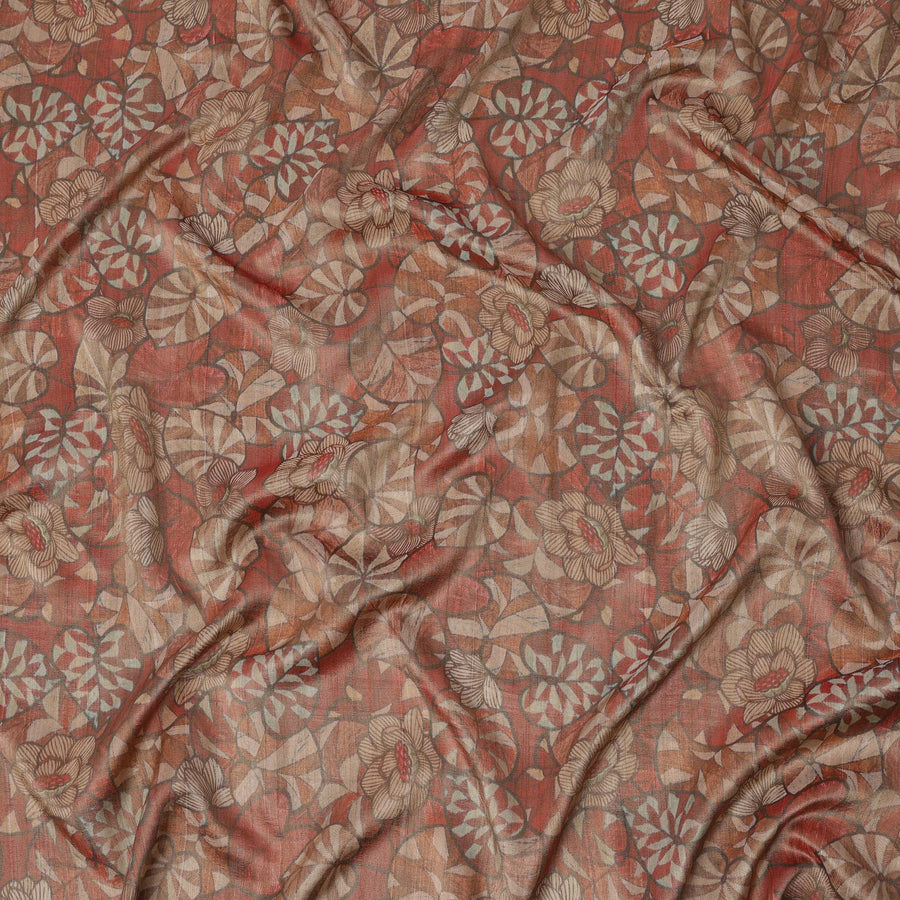 Rust Brown Floral and Leaf Print Viscose Tussar Fabric with Beige and Olive Accents, 110 Cms Width, Made in India-D24337