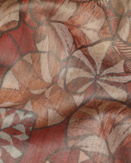 Rust Brown Floral and Leaf Print Viscose Tussar Fabric with Beige and Olive Accents, 110 Cms Width, Made in India-D24337
