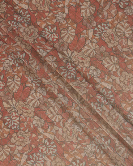 Rust Brown Floral and Leaf Print Viscose Tussar Fabric with Beige and Olive Accents, 110 Cms Width, Made in India-D24337