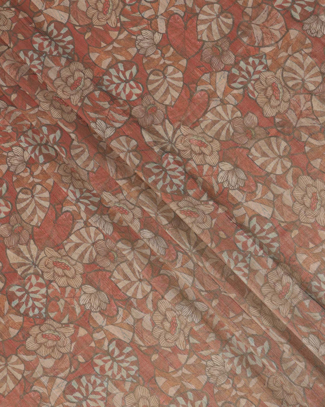 Rust Brown Floral and Leaf Print Viscose Tussar Fabric with Beige and Olive Accents, 110 Cms Width, Made in India-D24337