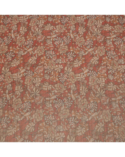 Rust Brown Floral and Leaf Print Viscose Tussar Fabric with Beige and Olive Accents, 110 Cms Width, Made in India-D24337