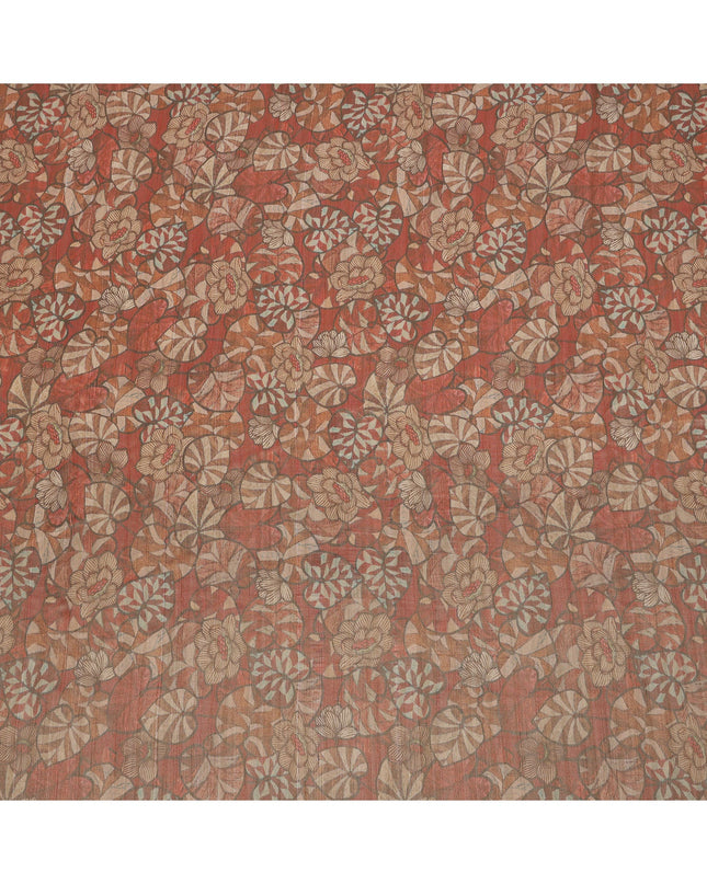 Rust Brown Floral and Leaf Print Viscose Tussar Fabric with Beige and Olive Accents, 110 Cms Width, Made in India-D24337