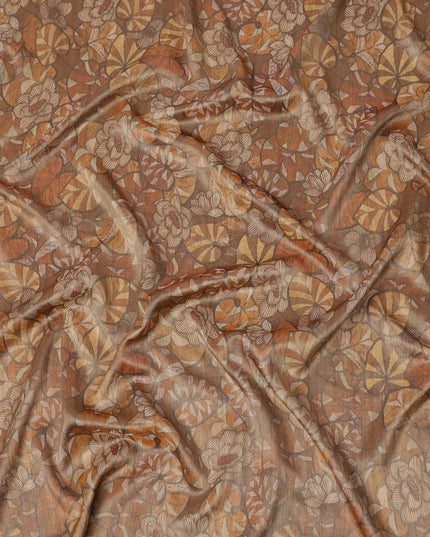 Walnut Brown Floral and Leaf Print Viscose Tussar Fabric with Beige and Terracotta Accents, 110 Cms Width, Made in India-D24338