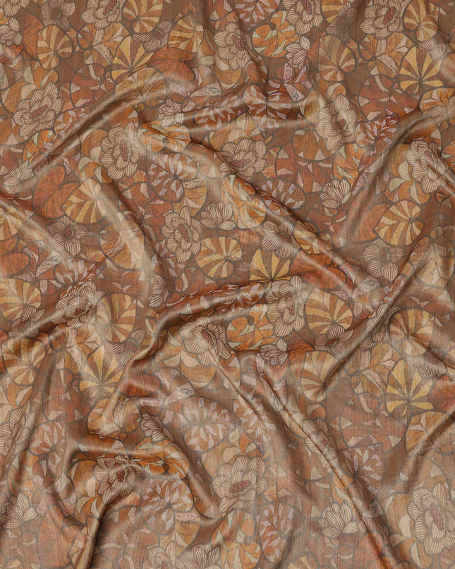 Walnut Brown Floral and Leaf Print Viscose Tussar Fabric with Beige and Terracotta Accents, 110 Cms Width, Made in India-D24338
