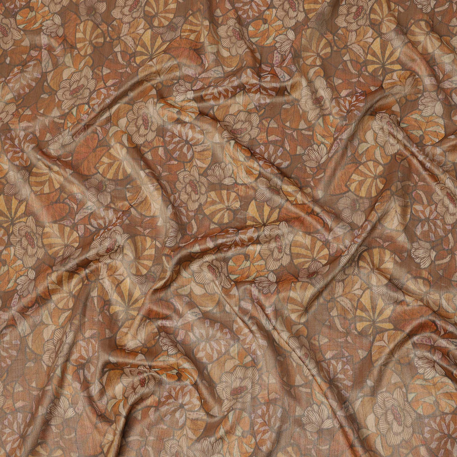 Walnut Brown Floral and Leaf Print Viscose Tussar Fabric with Beige and Terracotta Accents, 110 Cms Width, Made in India-D24338