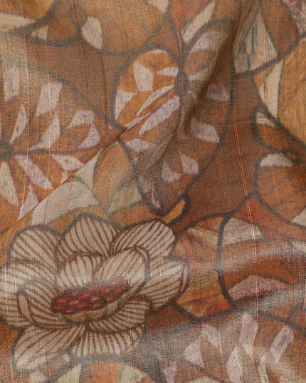 Walnut Brown Floral and Leaf Print Viscose Tussar Fabric with Beige and Terracotta Accents, 110 Cms Width, Made in India-D24338