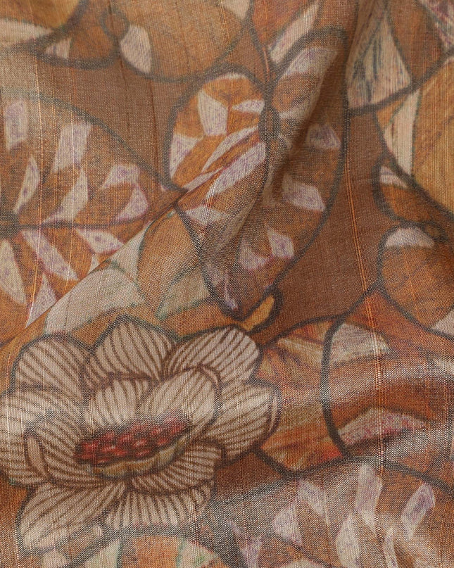 Walnut Brown Floral and Leaf Print Viscose Tussar Fabric with Beige and Terracotta Accents, 110 Cms Width, Made in India-D24338