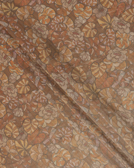 Walnut Brown Floral and Leaf Print Viscose Tussar Fabric with Beige and Terracotta Accents, 110 Cms Width, Made in India-D24338