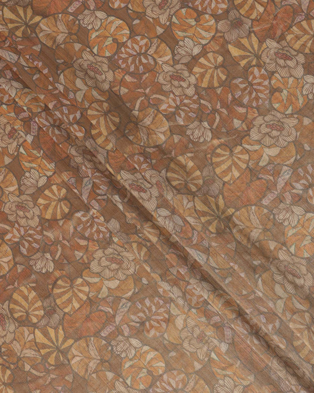 Walnut Brown Floral and Leaf Print Viscose Tussar Fabric with Beige and Terracotta Accents, 110 Cms Width, Made in India-D24338