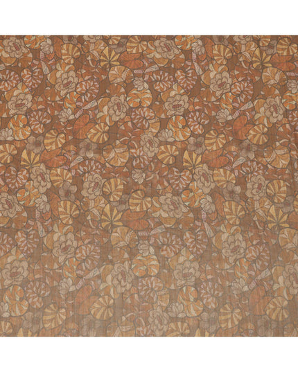 Walnut Brown Floral and Leaf Print Viscose Tussar Fabric with Beige and Terracotta Accents, 110 Cms Width, Made in India-D24338