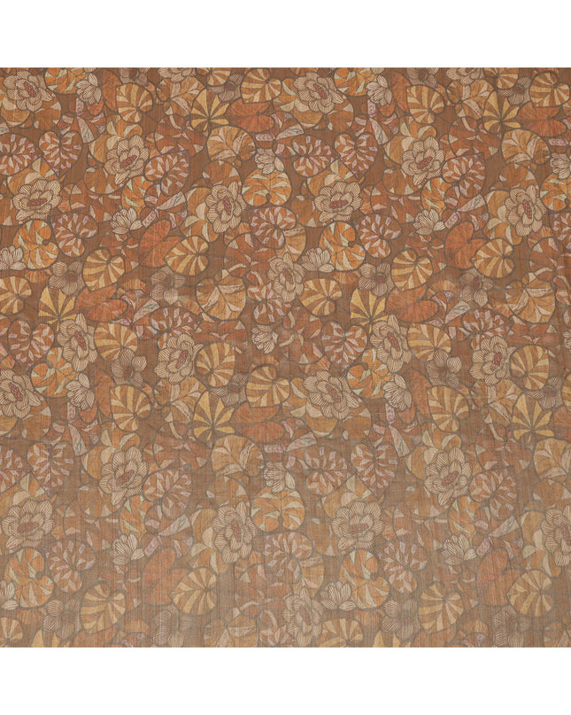 Walnut Brown Floral and Leaf Print Viscose Tussar Fabric with Beige and Terracotta Accents, 110 Cms Width, Made in India-D24338