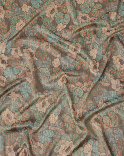 Olive Green Floral and Leaf Motif Viscose Tussar Fabric with Beige and Rust Accents, 110 Cms Width, Made in India-D24339