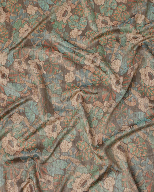 Olive Green Floral and Leaf Motif Viscose Tussar Fabric with Beige and Rust Accents, 110 Cms Width, Made in India-D24339
