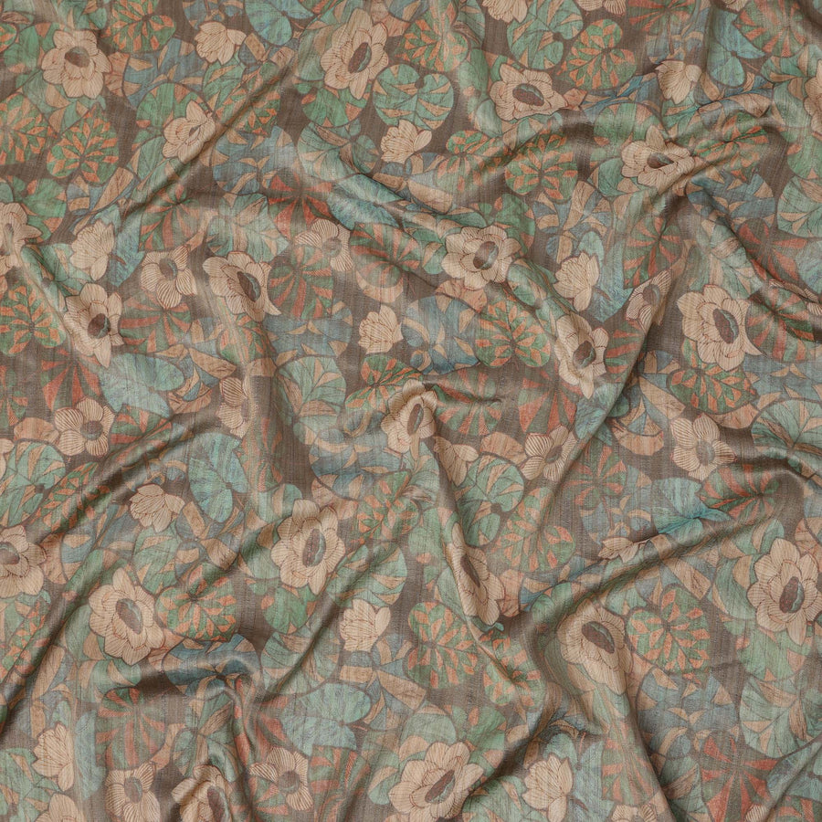 Olive Green Floral and Leaf Motif Viscose Tussar Fabric with Beige and Rust Accents, 110 Cms Width, Made in India-D24339