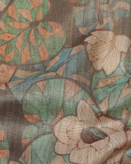 Olive Green Floral and Leaf Motif Viscose Tussar Fabric with Beige and Rust Accents, 110 Cms Width, Made in India-D24339