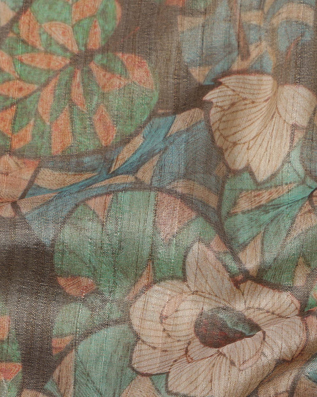 Olive Green Floral and Leaf Motif Viscose Tussar Fabric with Beige and Rust Accents, 110 Cms Width, Made in India-D24339