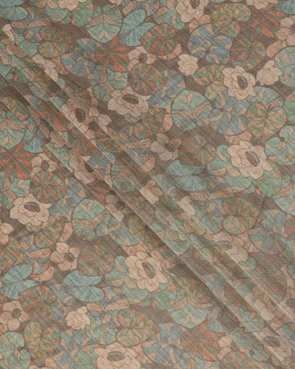 Olive Green Floral and Leaf Motif Viscose Tussar Fabric with Beige and Rust Accents, 110 Cms Width, Made in India-D24339