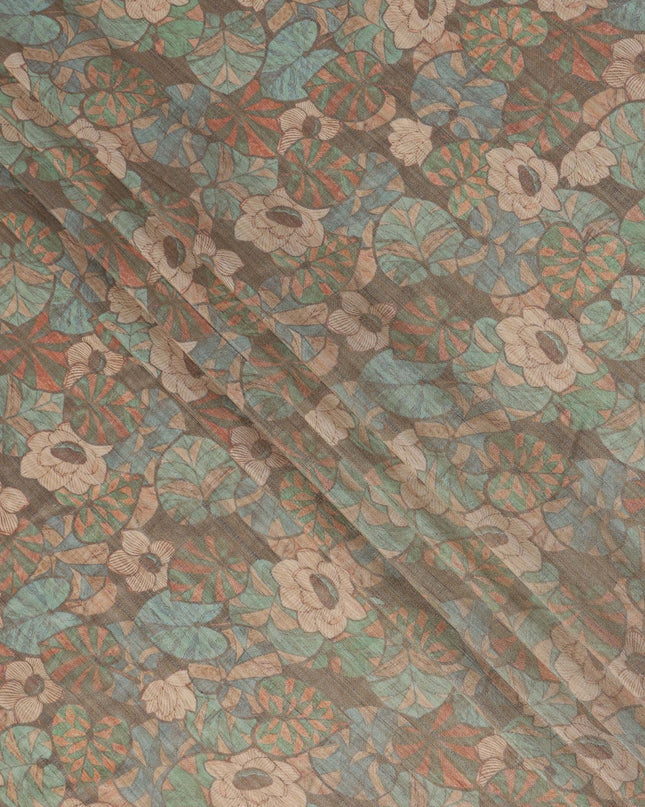 Olive Green Floral and Leaf Motif Viscose Tussar Fabric with Beige and Rust Accents, 110 Cms Width, Made in India-D24339