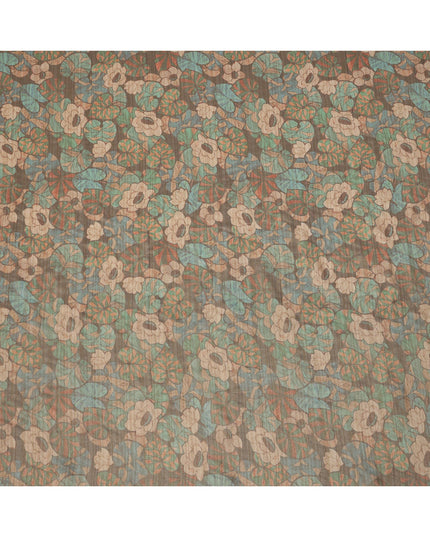Olive Green Floral and Leaf Motif Viscose Tussar Fabric with Beige and Rust Accents, 110 Cms Width, Made in India-D24339
